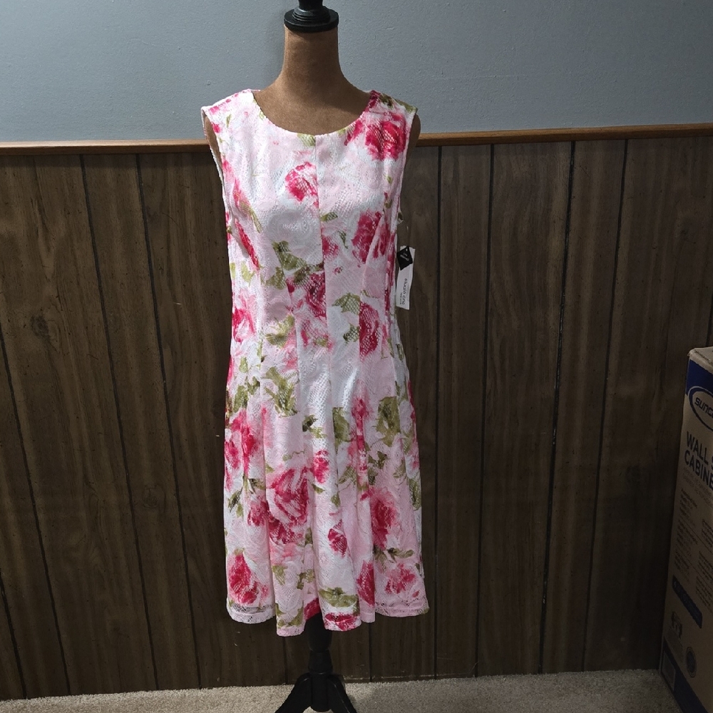 Studio One Pink and Green Floral Midi Dress